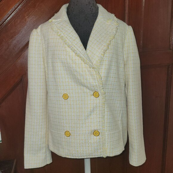 Liz Claiborne Tweed Double-Breasted Blazer Jacket With Fringe Trim & Buttons 14 - Picture 1 of 9